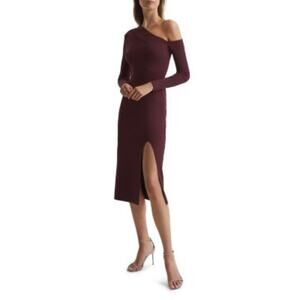 Reiss Lissy Knitted Bodycon Dress NEW Burgundy One Shoulder Cut Out Slit Midi M